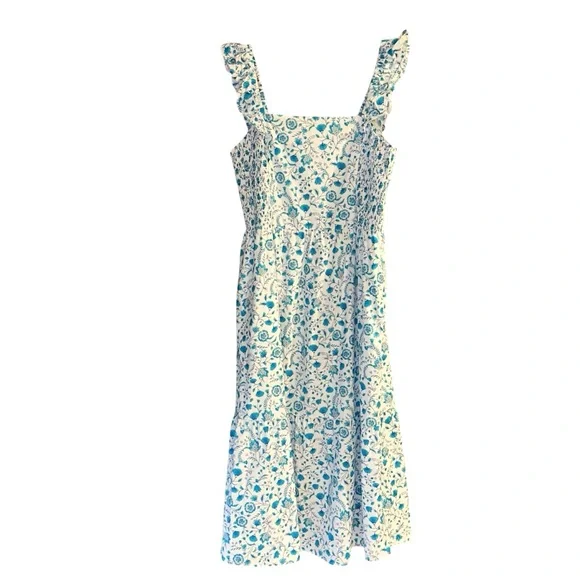 Draper James Floral Dress Blue & White Ruffle Sleeve 100% Cotton Maxi Size XXL - Picture 4 of 10